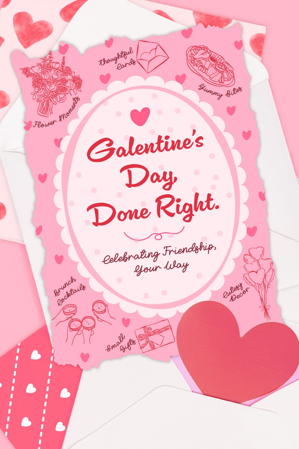 Pink Galentine's Day card on a pink background with hearts, flowers, brunch cocktails, cute decor, and yummy bites. The card reads &nbsp;Galentine's Day Done Right. Celebrating Friendship, Your Way.&nbsp;