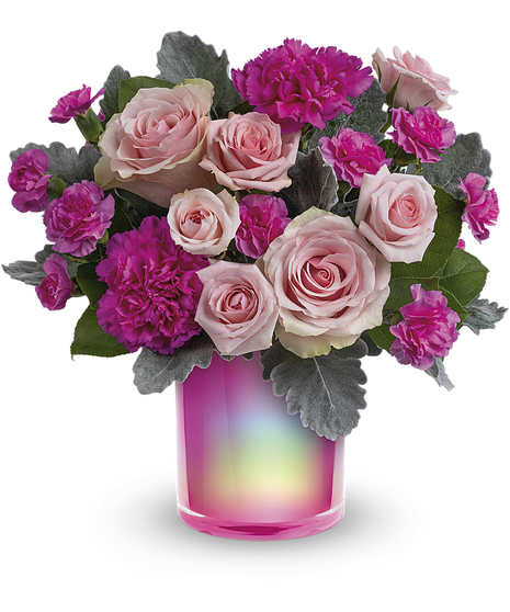 pink floral bouquet with roses and carnations