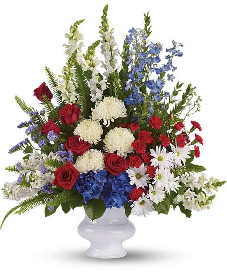 A classic all-American display of patriotic red, white and blue flowers.