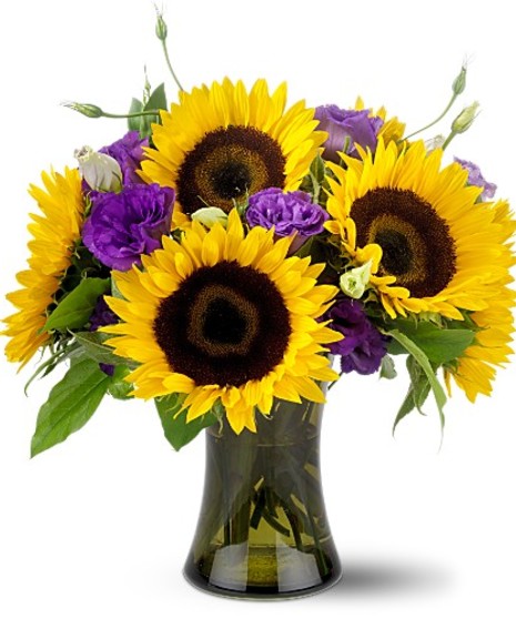 sunflowers combined with the royal elegance of purple flowers in a glass vase