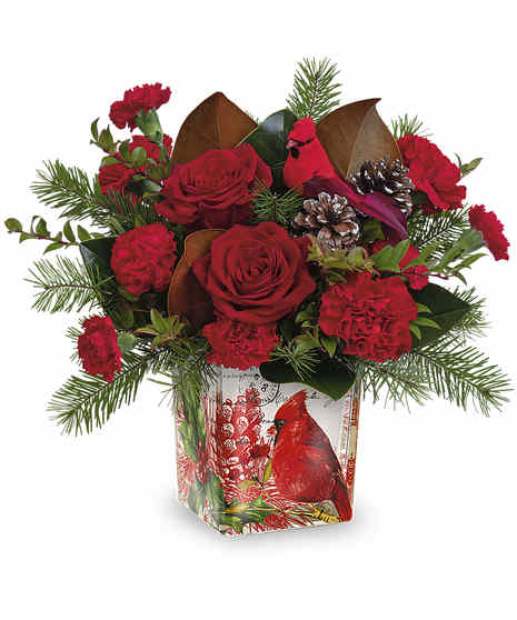 Cardinal themed holiday arrangement