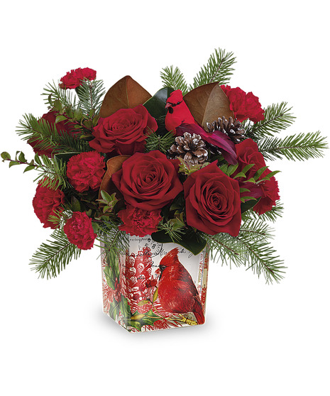 Cardinal themed holiday arrangement