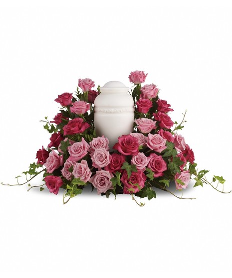 Cremation Arrangement Embraced by Pink Roses