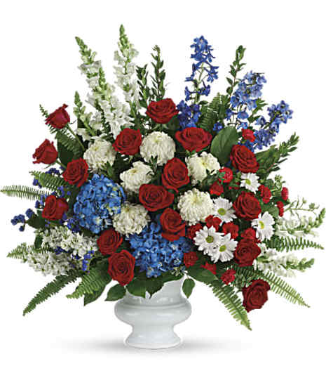 A classic all-American display of patriotic red, white and blue flowers.